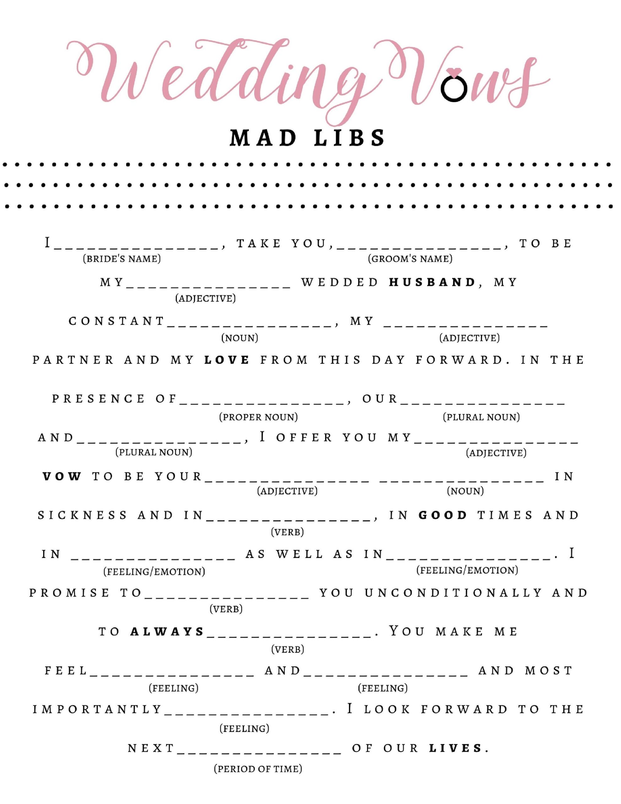 Wedding Vows Mad Libs Free Printable