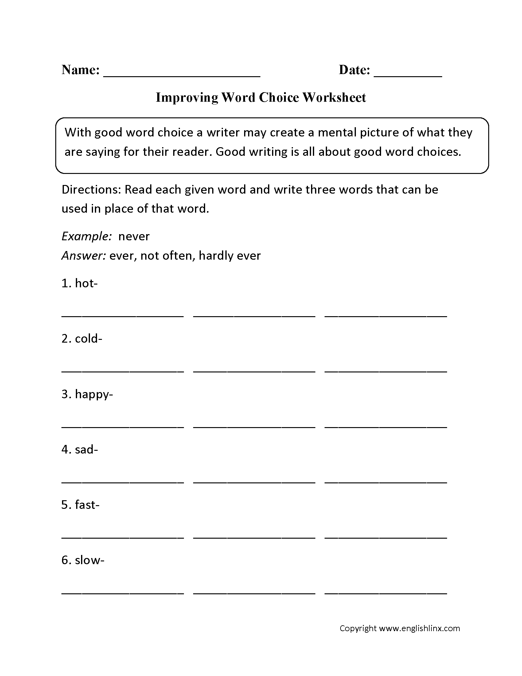 Word Usage Worksheets Word Choice Worksheets