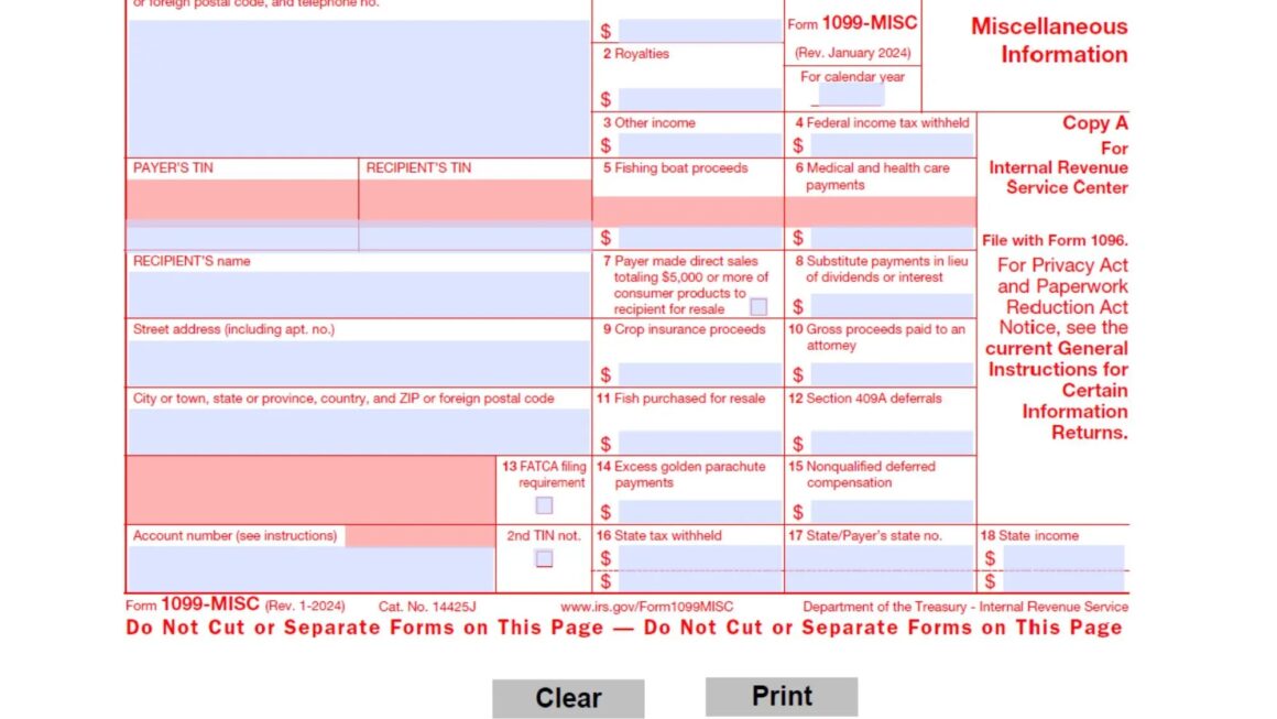 2025 1099 MISC IRS Forms Copy A Print Template PDF Fillable With