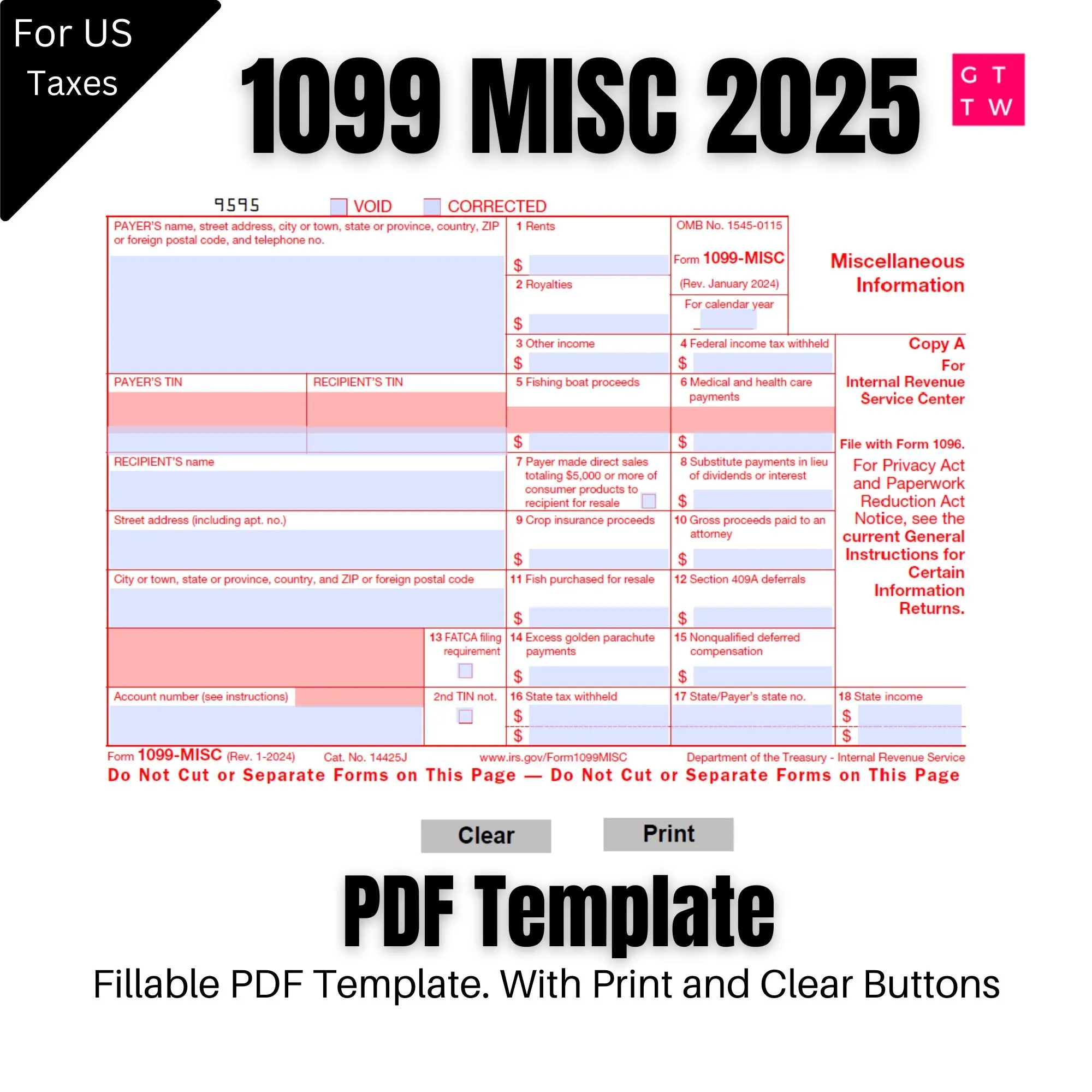 2025 1099 MISC IRS Forms Copy A Print Template PDF Fillable With 