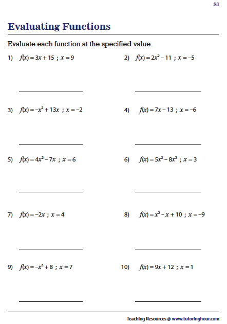 Evaluating Functions Worksheets Algebra 1