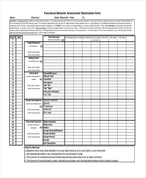 Printable Functional Assessment Observation Forms Printable Functional Assessment Observation Forms