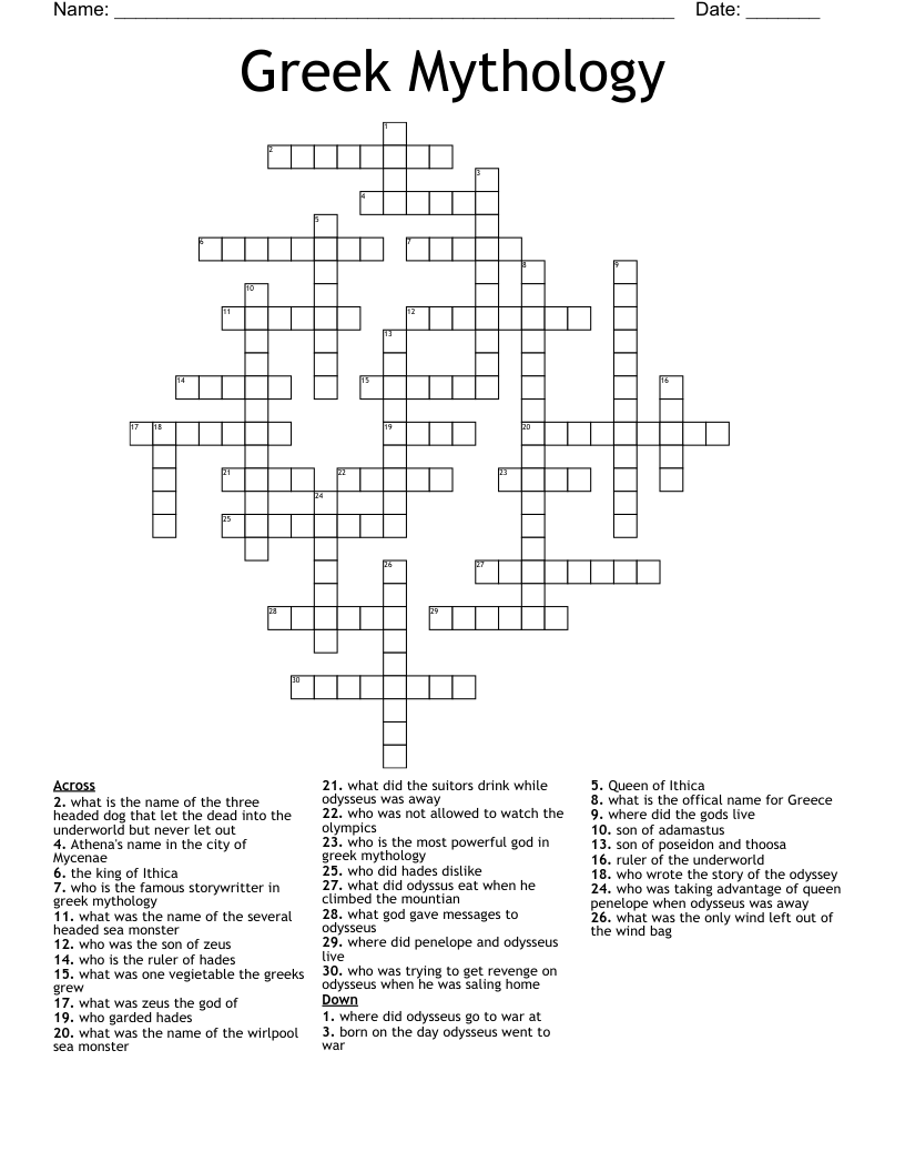 Greek Mythology Crossword WordMint